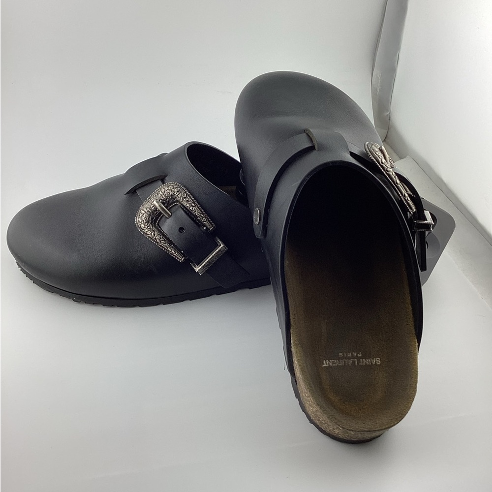 Saint Laurent Black Mules with Silver Buckle